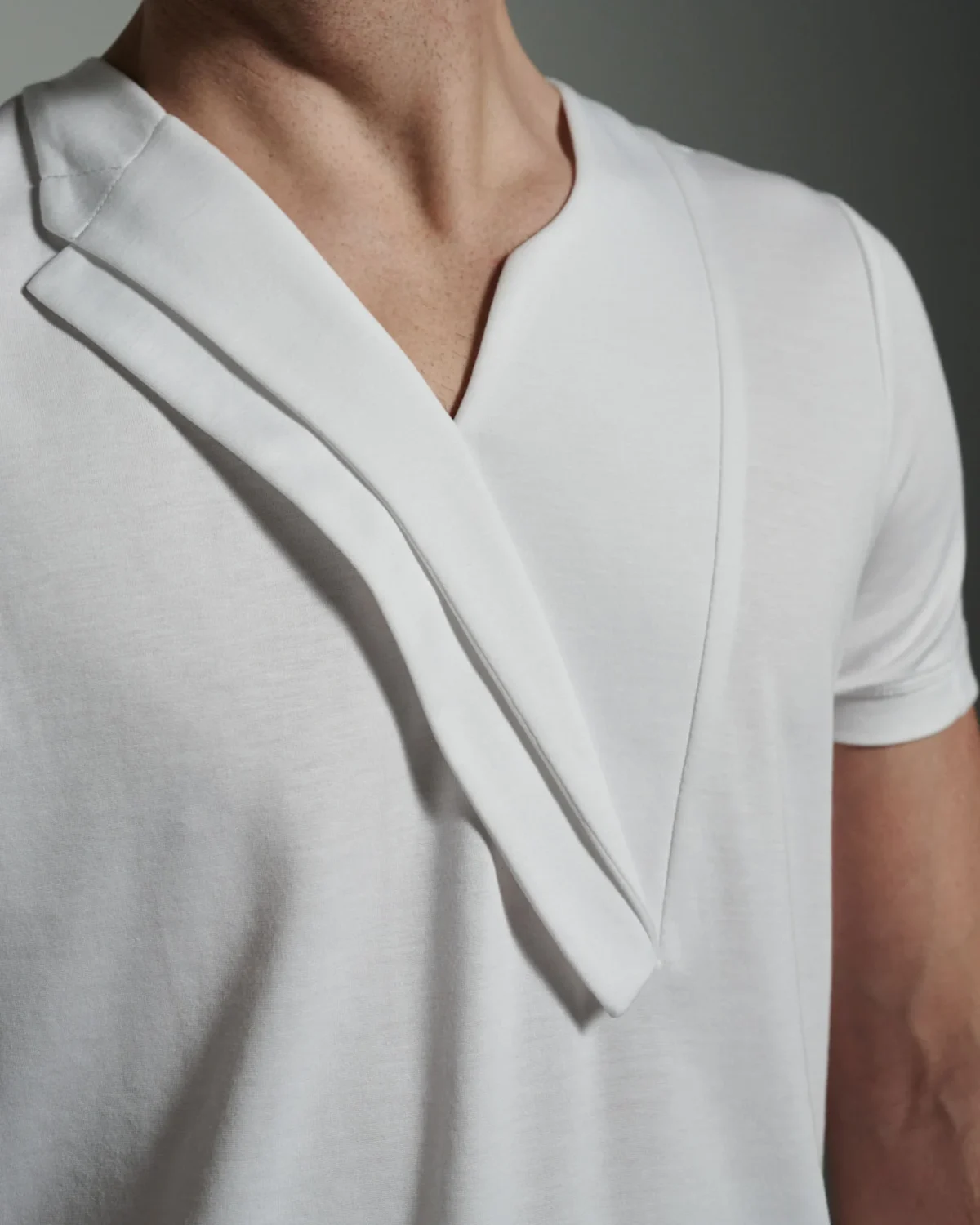 Bib-Fronted V-Neck with Double Lapels White T shirt by W Rubens | Made in London (Uk) | Minimalistic Design | UK craftsmanship & British artistry |