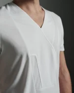 Bib Fronted V-neck with Panelled Shapes White T shirt by W Rubens | Made in London (Uk) | Minimalistic Design | UK craftsmanship & British artistry |