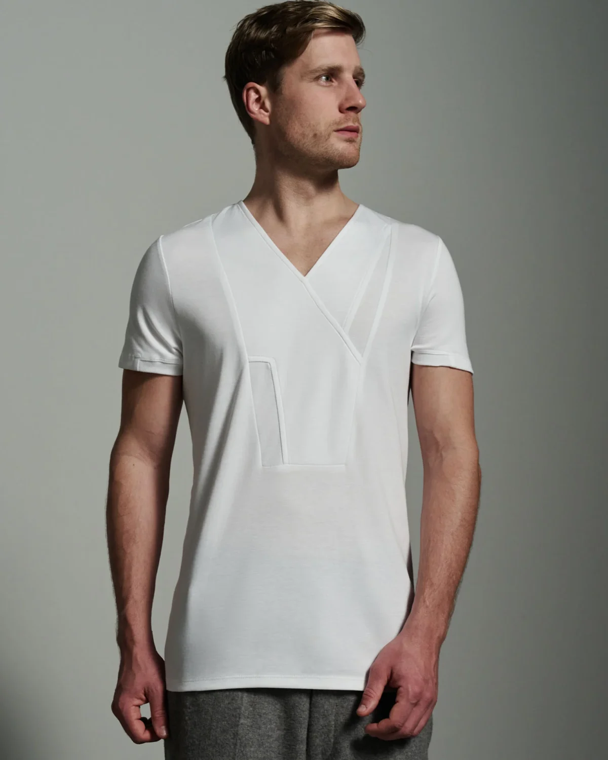 Bib Fronted V-neck with Panelled Shapes