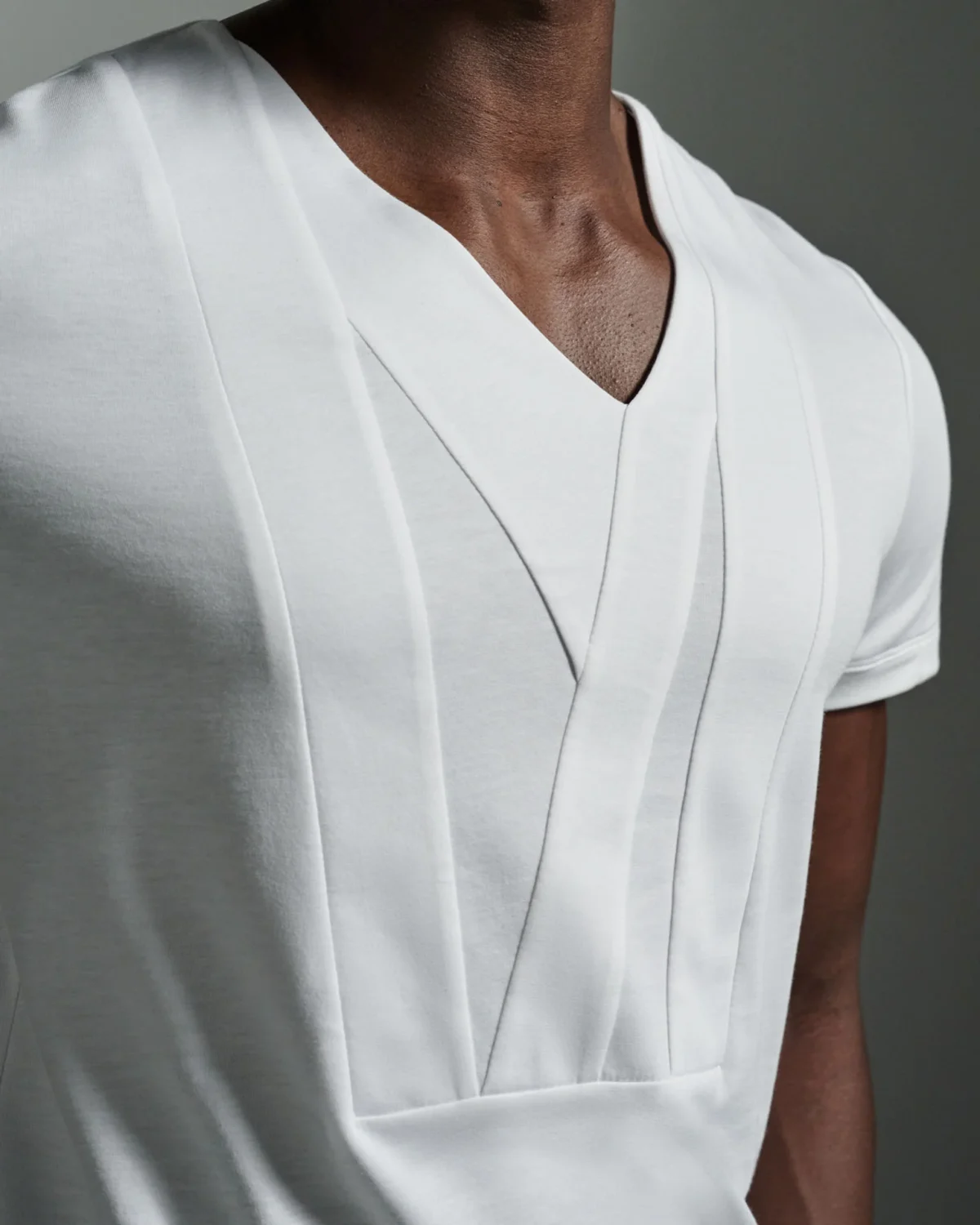 Bib-fronted V-neck with Striped Paneling | White T shirt | W Rubens | Made in UK | Minimalistic Design | UK craftsmanship & British artistry |