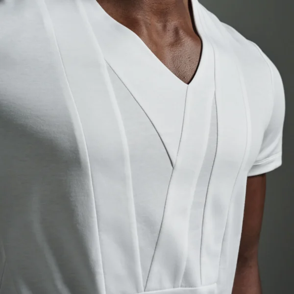 Bib-fronted V-neck with Striped Paneling | White T shirt | W Rubens | Made in UK | Minimalistic Design | UK craftsmanship & British artistry |