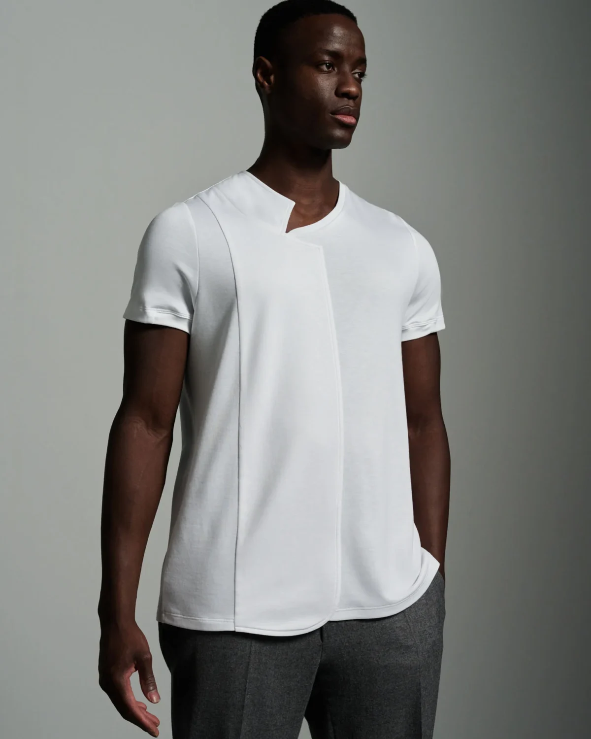 Asymmetric Crew Neck with Notch Lapel & Panel Fronts
