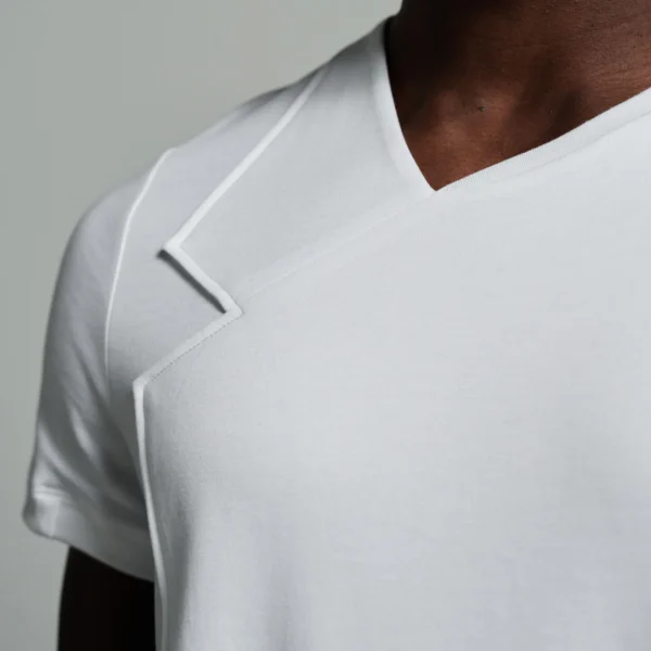 Hybrid Neck with Notch Lapel Appliqué | White T shirt by W Rubens | Made in London (Uk) | Minimalistic Design | UK craftsmanship & British artistry |