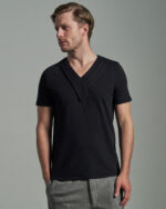 Shawl Necktie Collar V-Neck T-Shirt with Contrast Stitching
