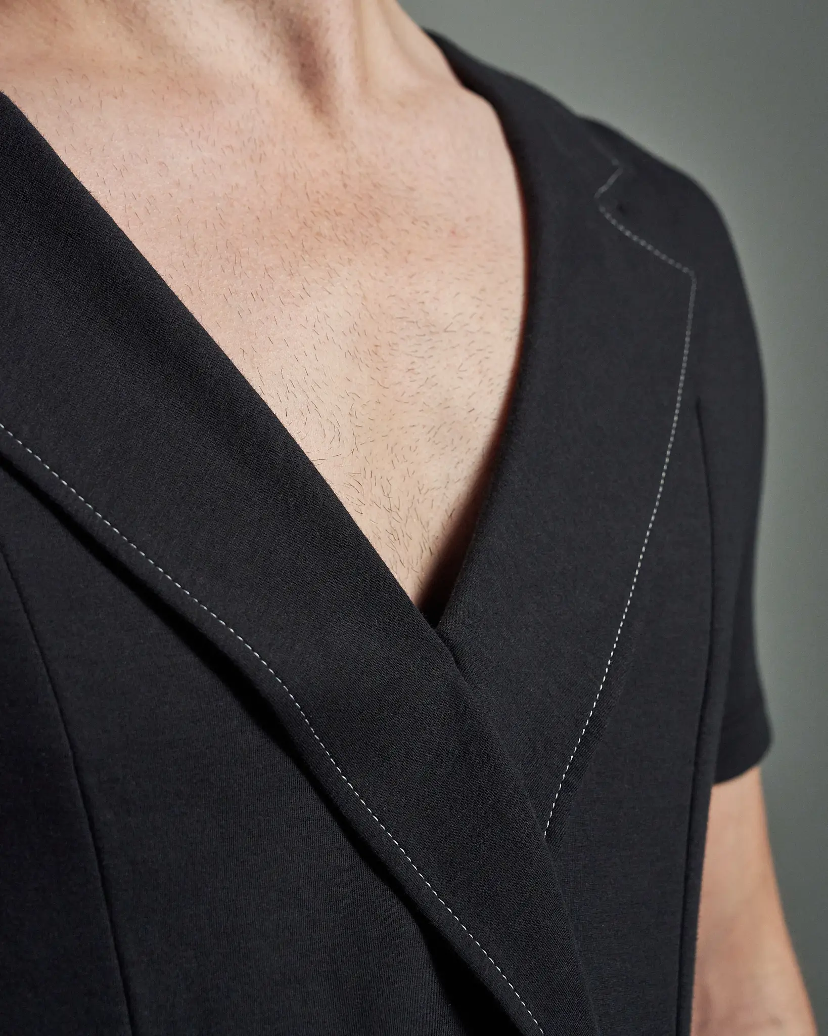 Deep Fronted Bib with Asymmetric Lapels & Contrast Stitching