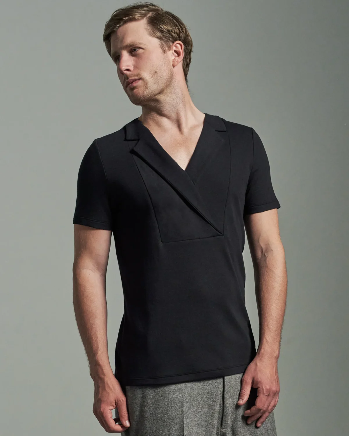 Slim Fit Bib Fronted T-Shirt with Asymmetric Lapels