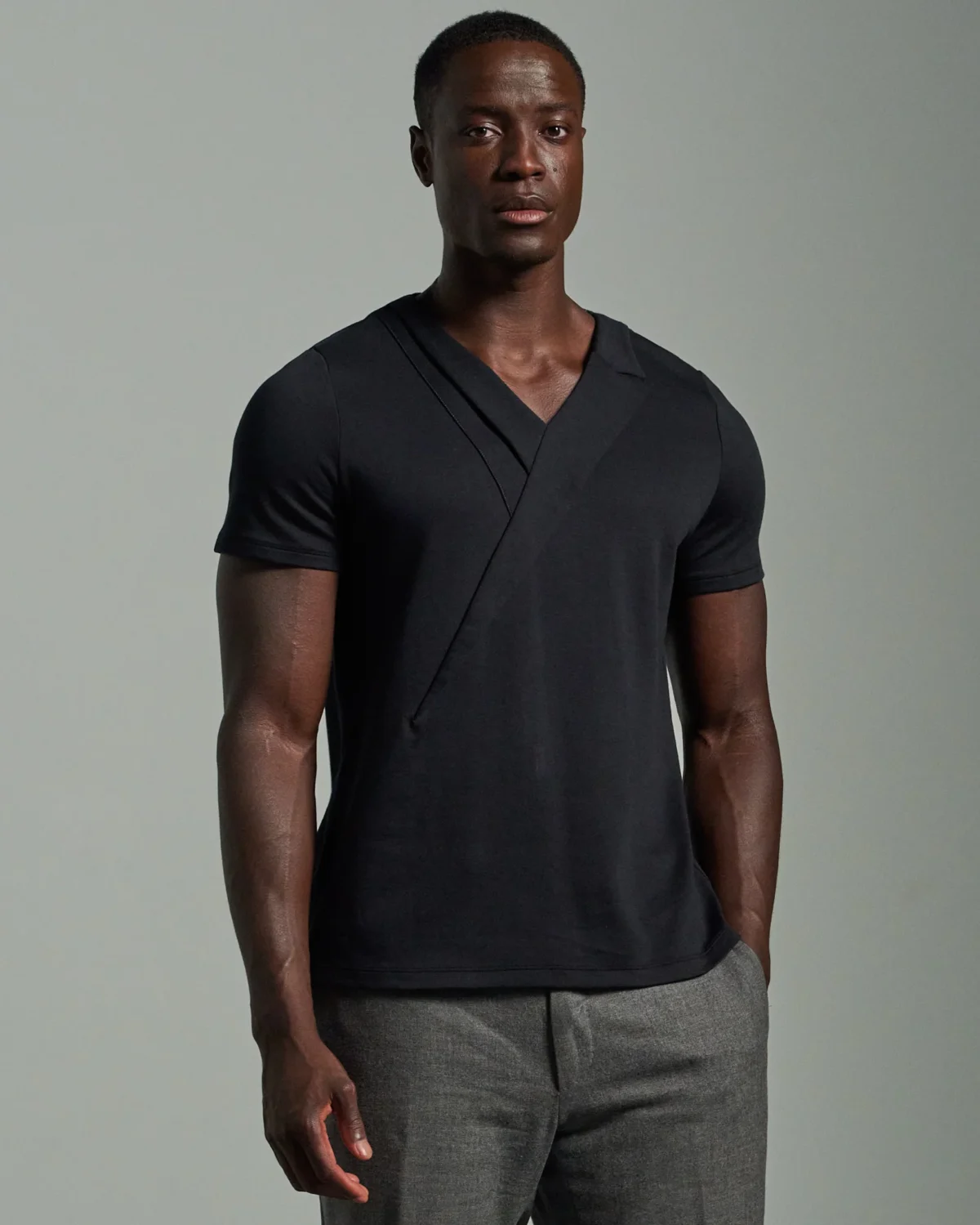 Shawl Fold Neck with Lapel and Contrast Stitching