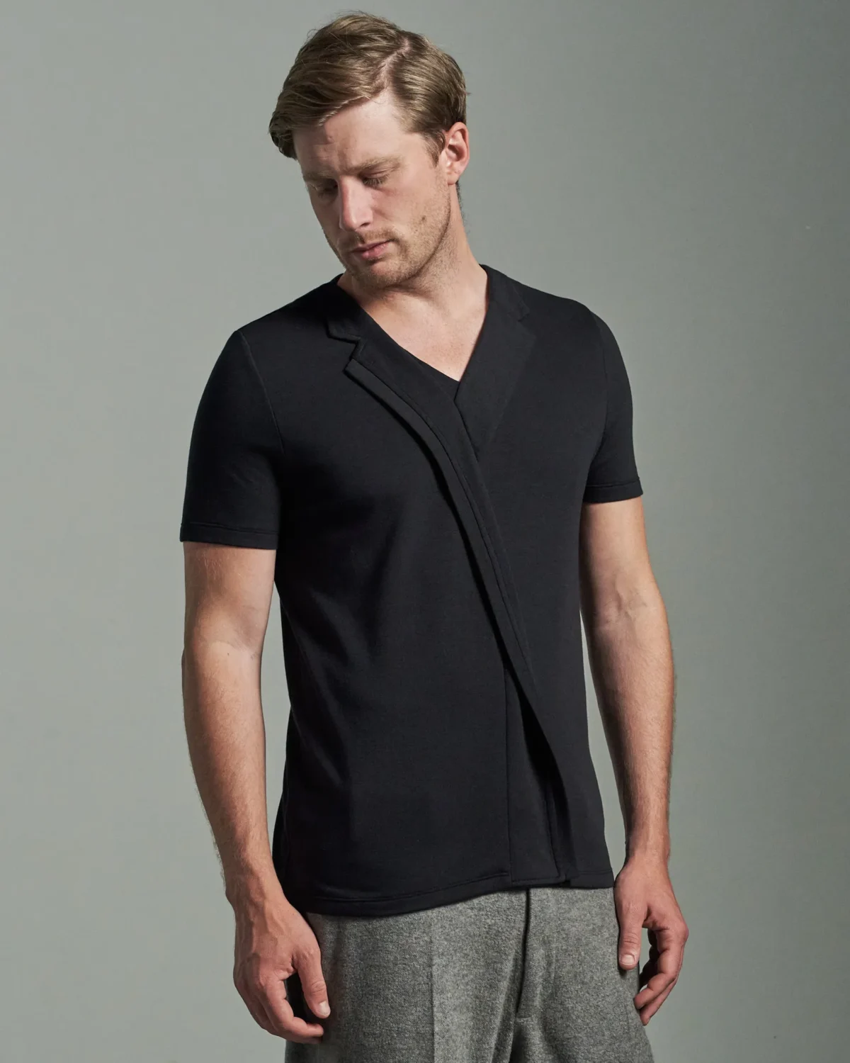 Slim Fit Bib Fronted T-Shirt with Asymmetric Lapels & Insert